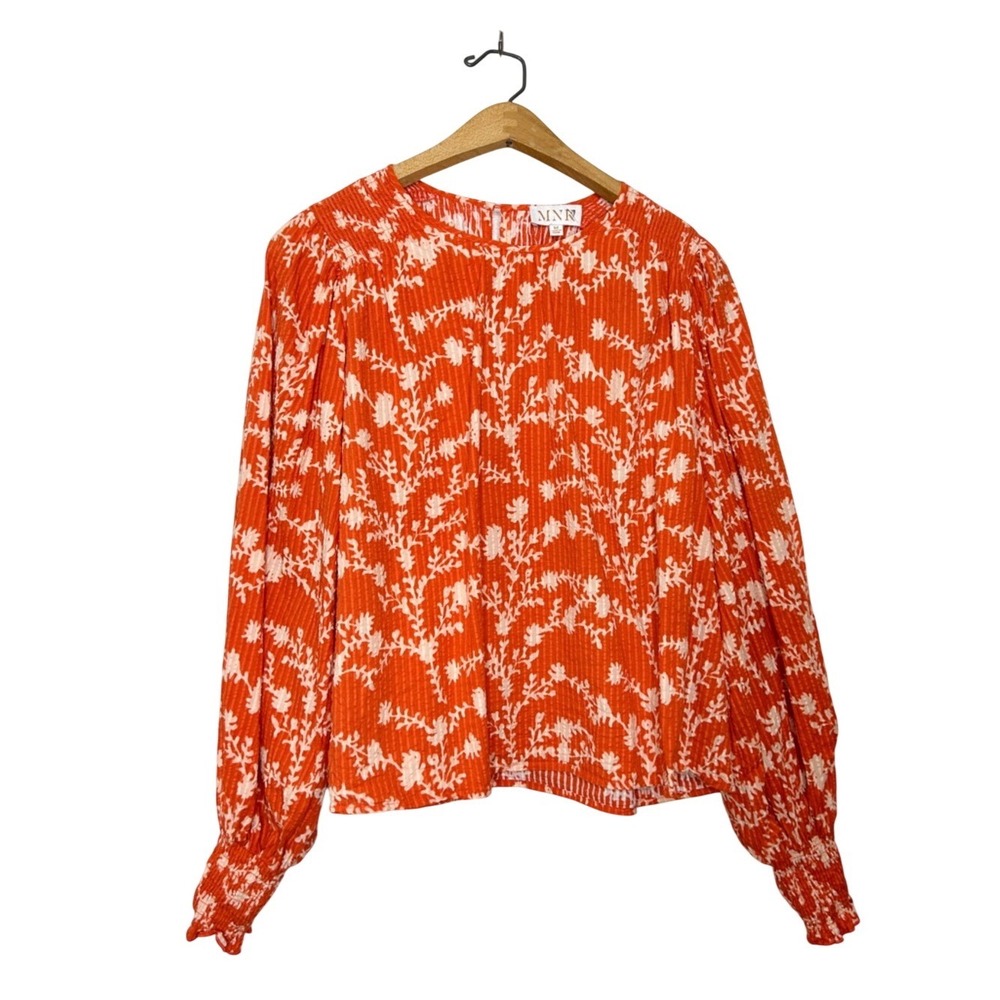 MNK Womens 100% Cotton Textured Floral Print Peasant Blouse Orange Medium M